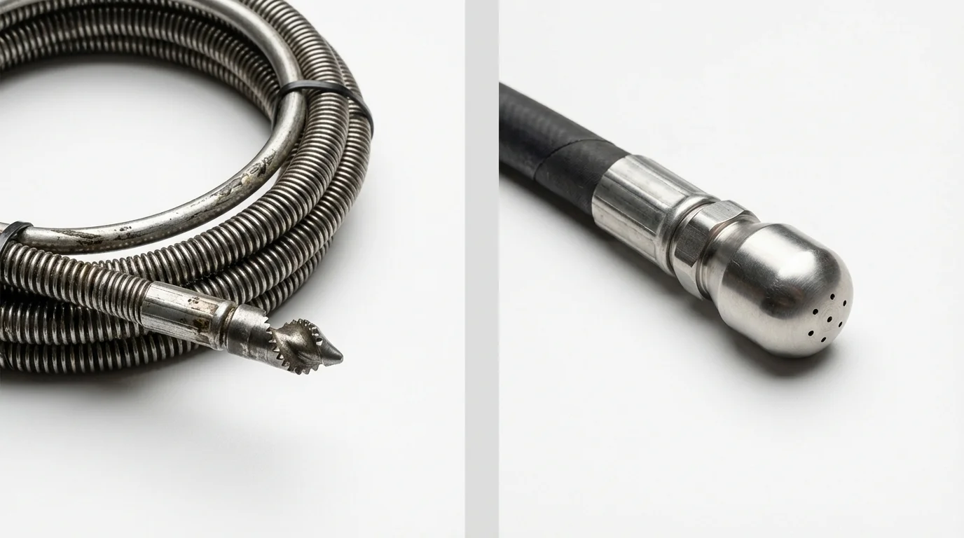 Drain snake cable and hydro jetting nozzle used for drain cleaning in Hartford, NY