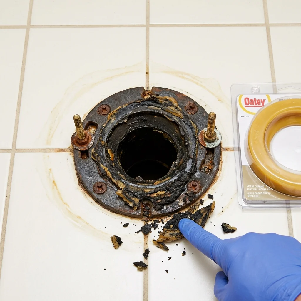 Failed wax ring showing water seepage at the base of a toilet in a Hartford, NY home