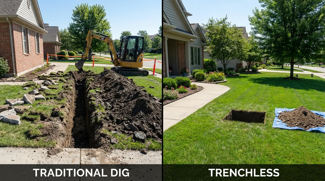 Trenchless sewer repair with minimal yard damage versus traditional excavation in Hartford, NY