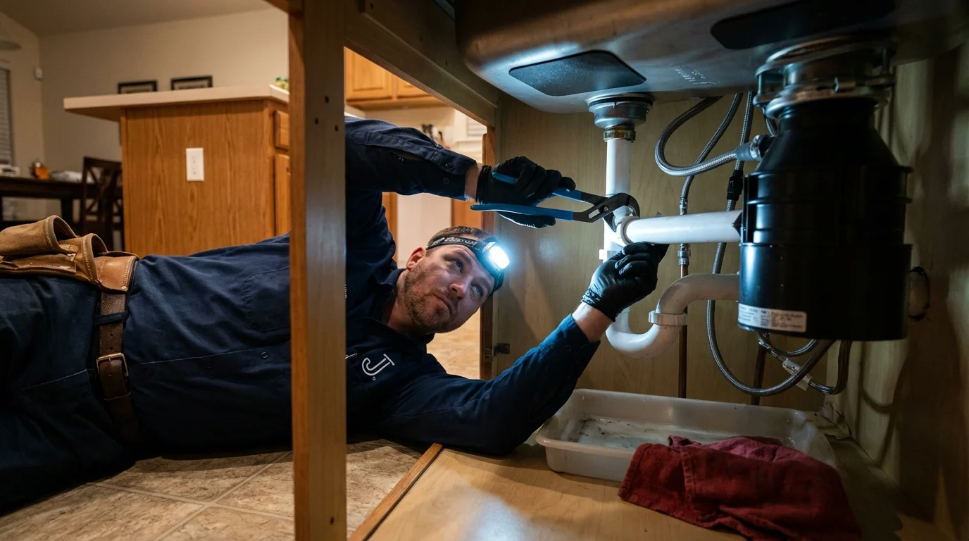 P-trap and supply line connections under a kitchen sink showing a common leak point in Hartford, NY